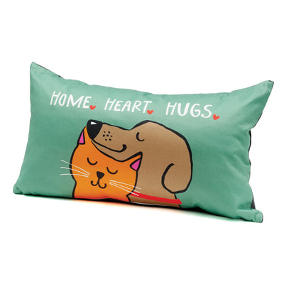 Pillow with illustration of cat and dog hugging with the words Home Heart Hugs on it 